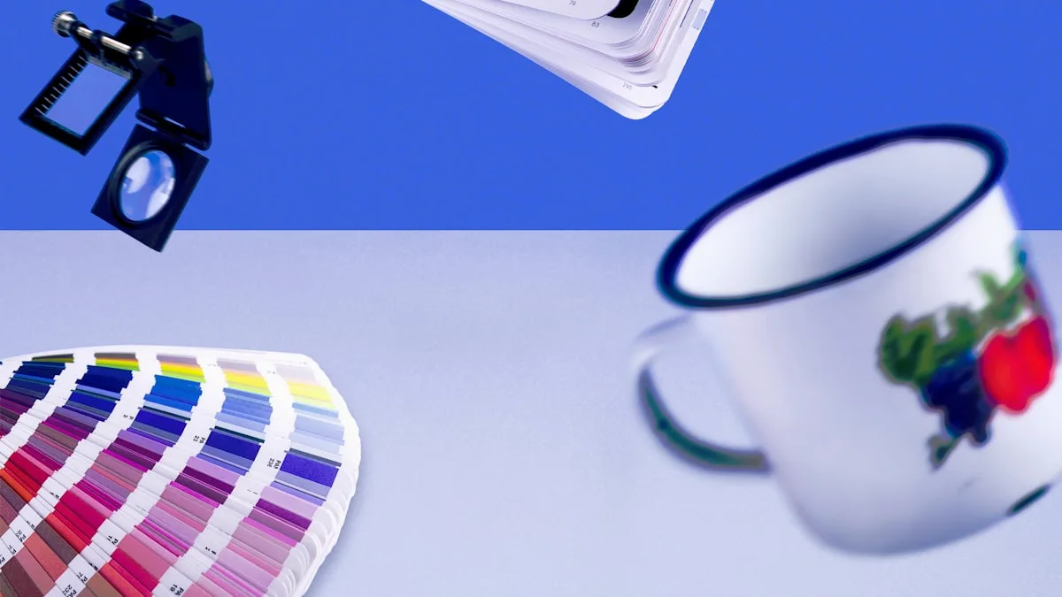 Kipas panduan warna cetak dan loupe di atas permukaan biru